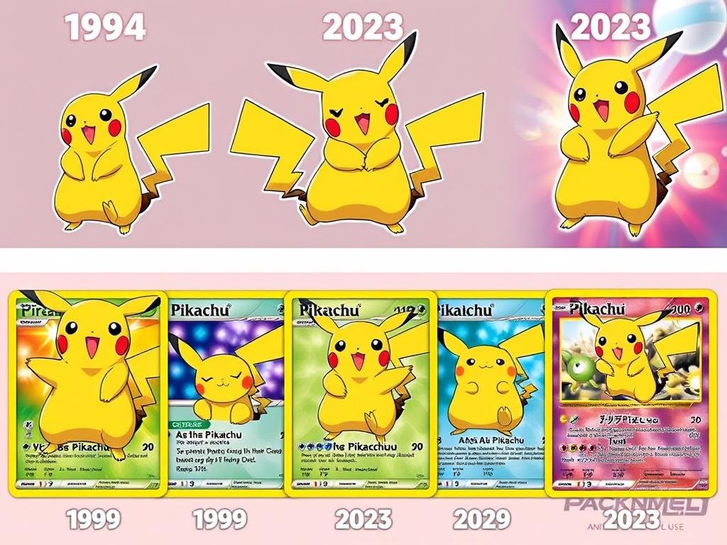 Ashs Pikachu auf verschiedenen Pokémon Karten durch die Jahre