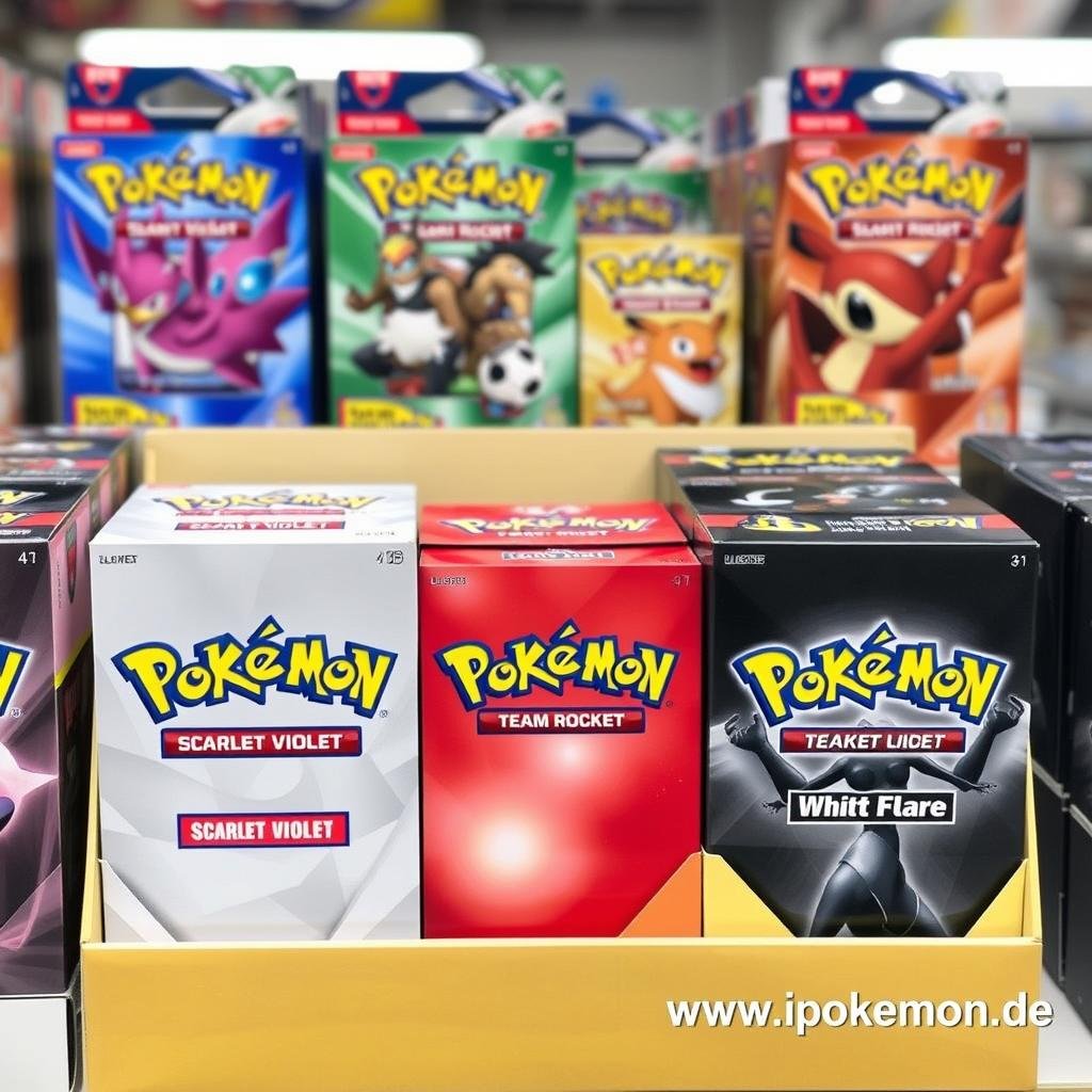 Beliebte Pokémon Karten Sets wie Scarlet Violet und Team Rocket in Displayboxen