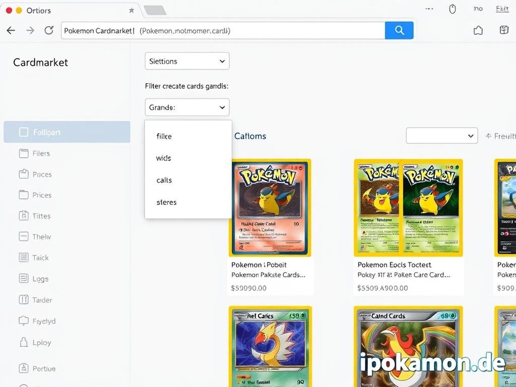 Cardmarket-Interface mit Filteroptionen für Pokémon Karten