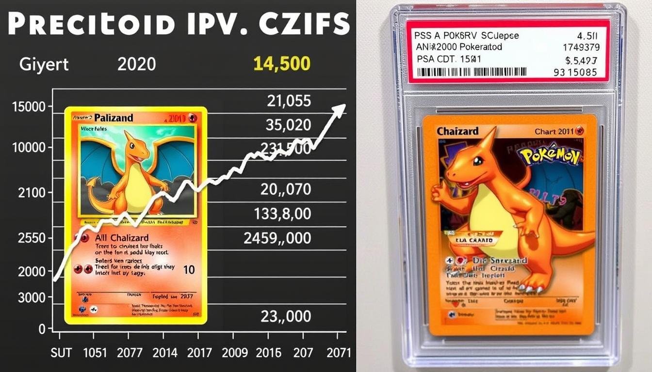 Charizard Karte mit Preisdiagramm, das die Wertsteigerung über mehrere Jahre zeigt