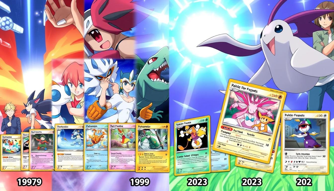 Collage aus Pokémon Anime-Szenen und entsprechenden Karten über die Generationen