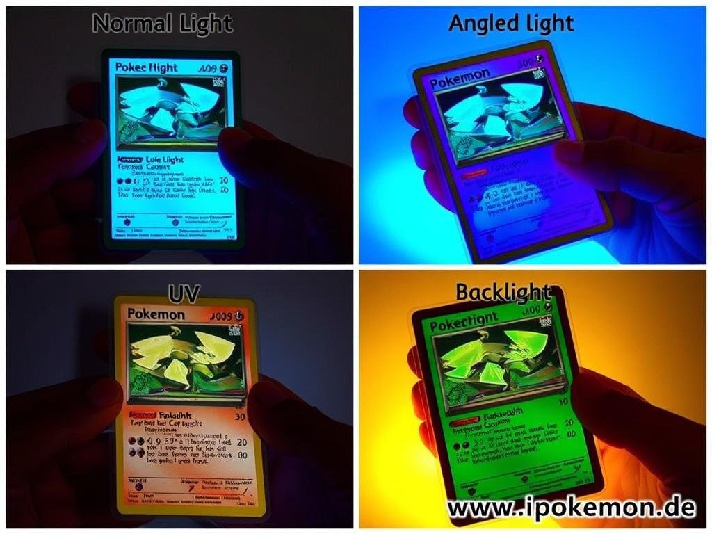 Demonstration verschiedener Beleuchtungstechniken zur Erkennung von Fehlern bei Pokémon Karten