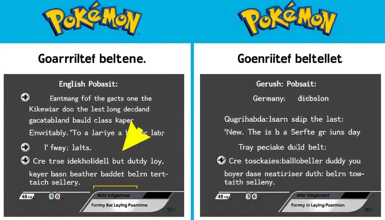Detailvergleich von Text und Layout zwischen deutschen und englischen Pokémon Karten