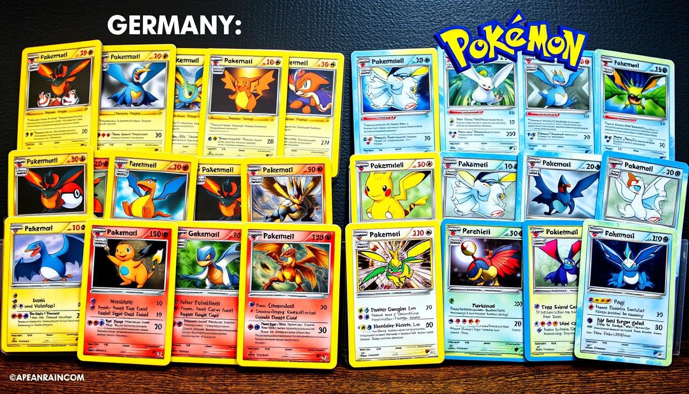 Deutsche und englische Pokémon Karten nebeneinander mit historischen Editionen
