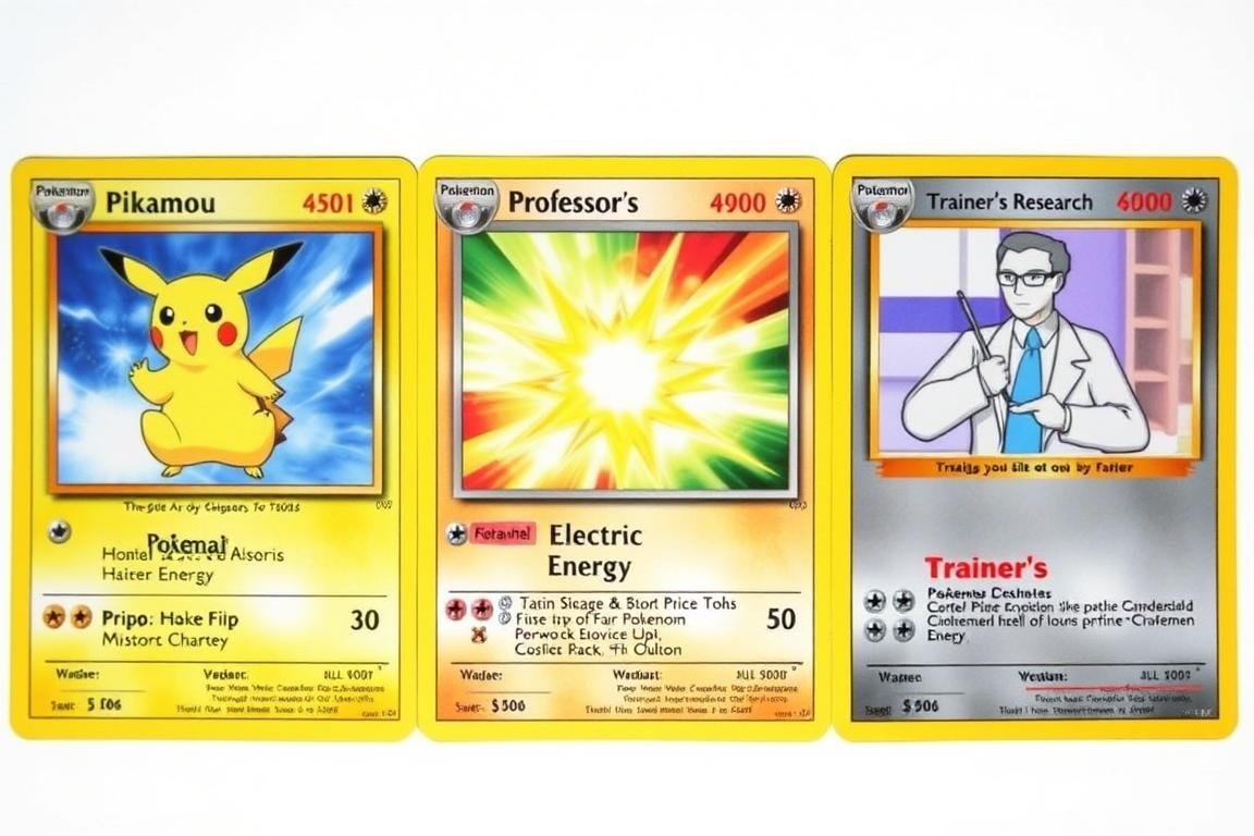 Die drei Hauptkartentypen im Pokémon TCG nebeneinander