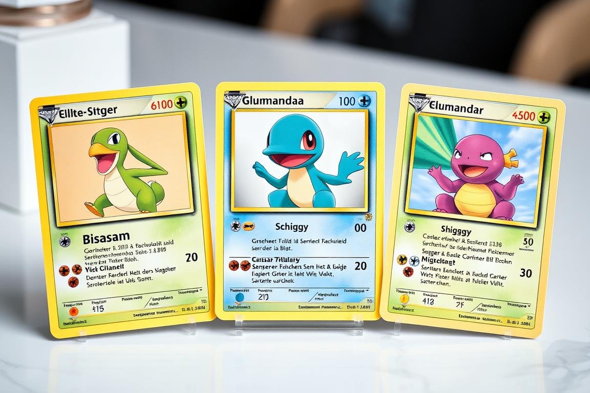 Die drei Starter-Pokémon des ersten Basis-Sets: Bisasam, Glumanda und Schiggy
