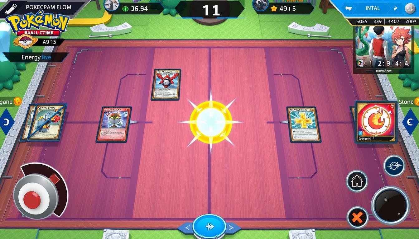 Digitales Pokémon TCG Spielfeld mit aktiven Pokémon und Energiekarten