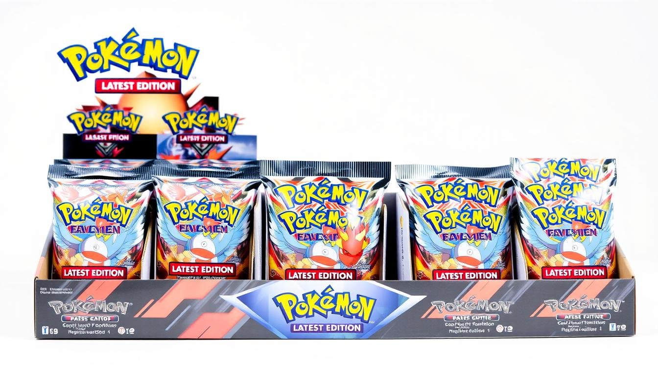 Ein Display mit Pokémon Kartenboostern der neuesten Edition