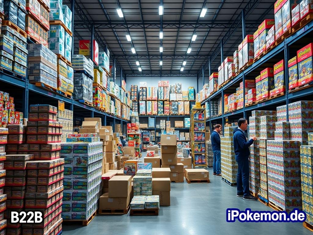 Ein Großhandelslager mit Pokémon Karten Displays und Boxen
