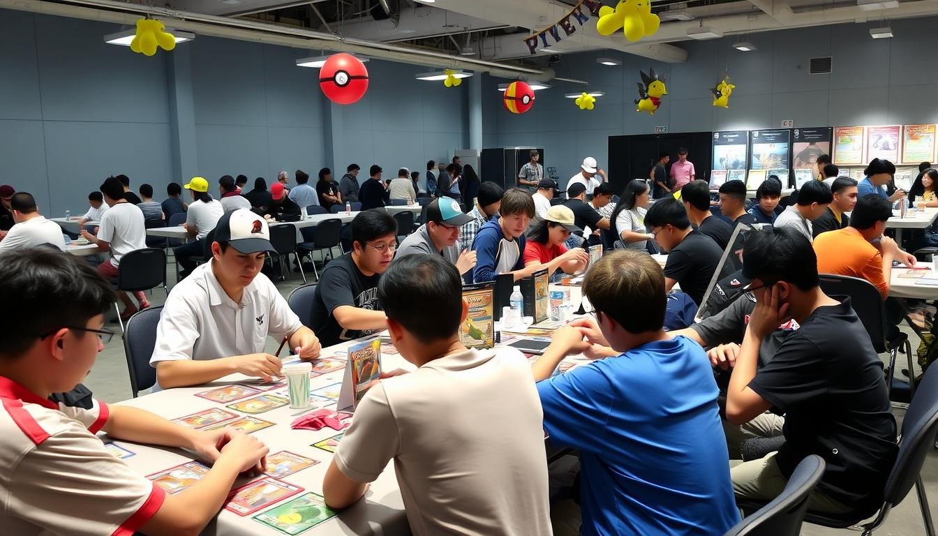 Ein Pokémon Turnier mit vielen Spielern und Sammlern, die Karten tauschen und spielen