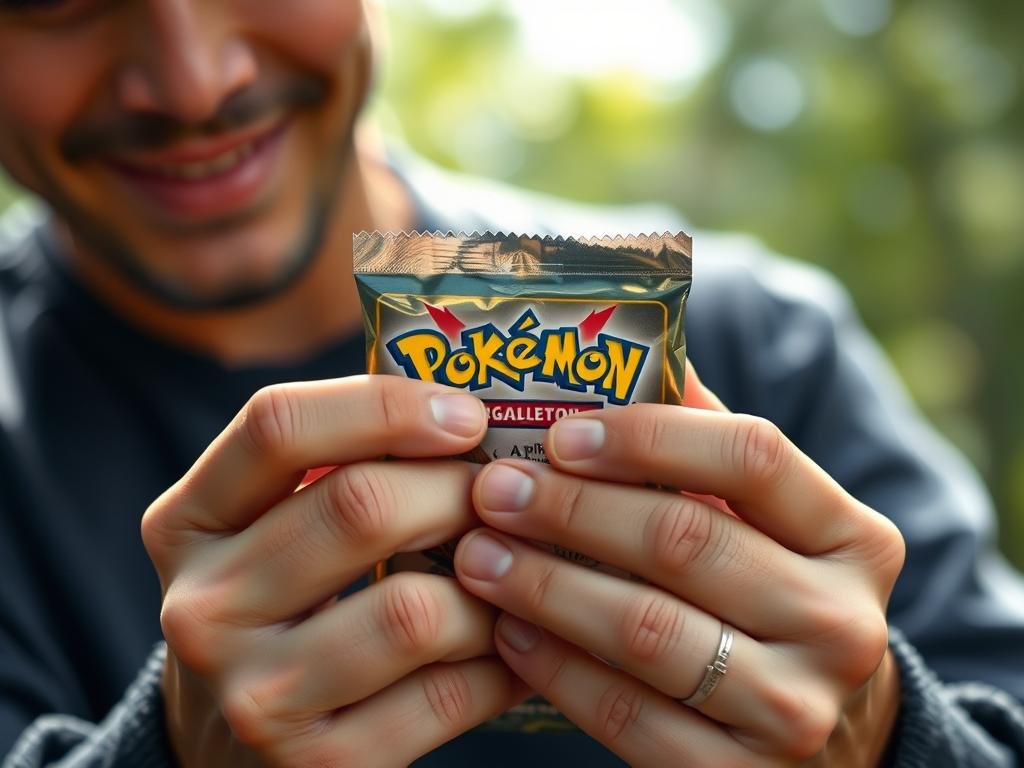 Eine Person öffnet ein Pokémon Kartenbooster-Pack mit gespanntem Gesichtsausdruck