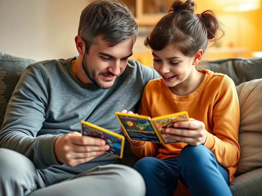 Eltern und Kind betrachten gemeinsam Pokémon Karten