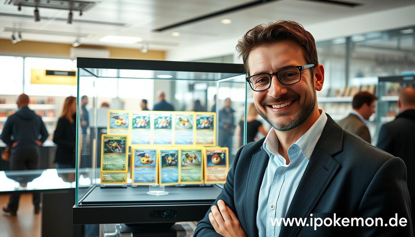 Erfolgreicher Händler präsentiert wertvolle Pokémon Karten Fehldrucke in seinem Geschäft