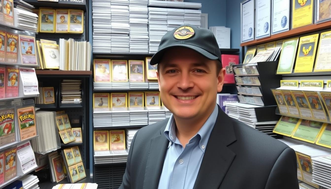 Erfolgreicher Pokémon Karten Händler in seinem Geschäft mit Steuerunterlagen