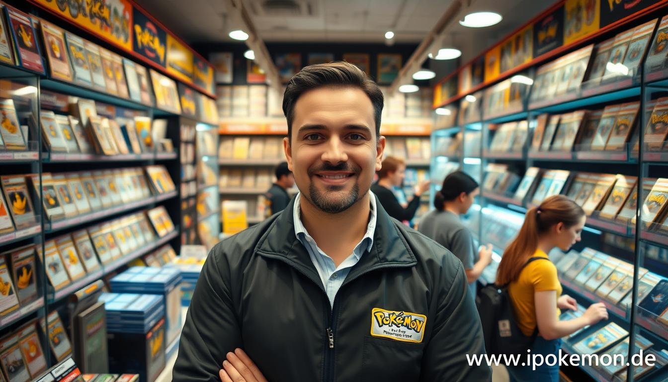Erfolgreicher Pokémon Karten Händler in seinem Geschäft mit umfangreichem Sortiment