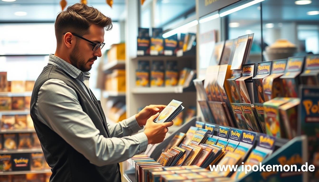 Erfolgreicher Pokémon Karten Händler mit Großhandelsware in seinem Geschäft