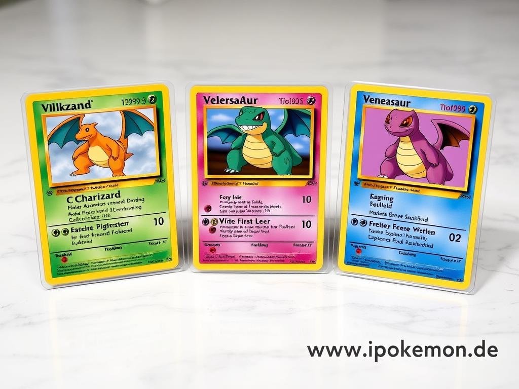 Erste Edition Pokémon Karten aus dem Basis-Set mit dem charakteristischen Schatten-Symbol