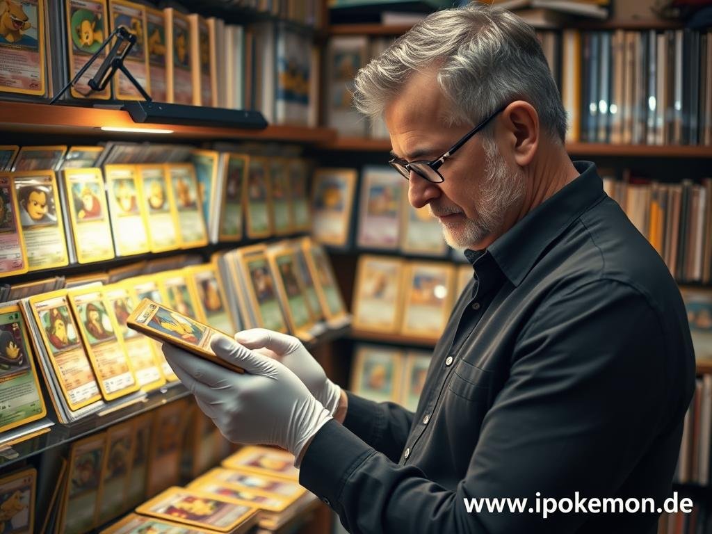Erwachsener Sammler betrachtet seine Pokémon Kartensammlung