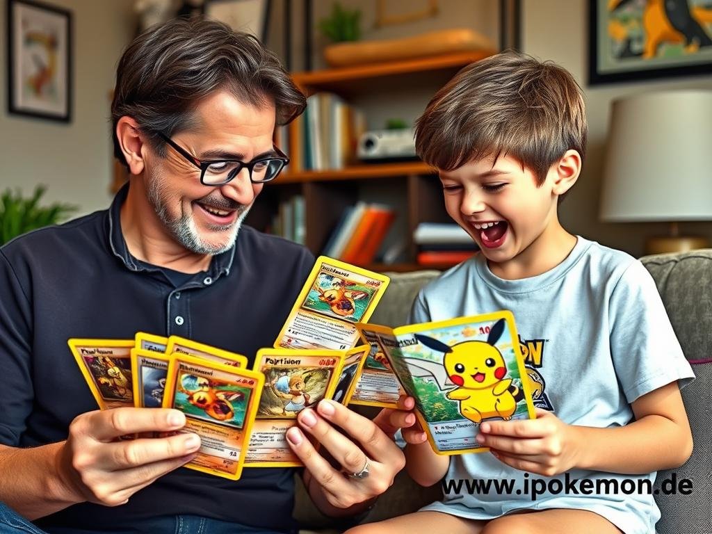 Erwachsener Sammler zeigt Pokémon Karten seiner Kindheit neben einem jungen Fan