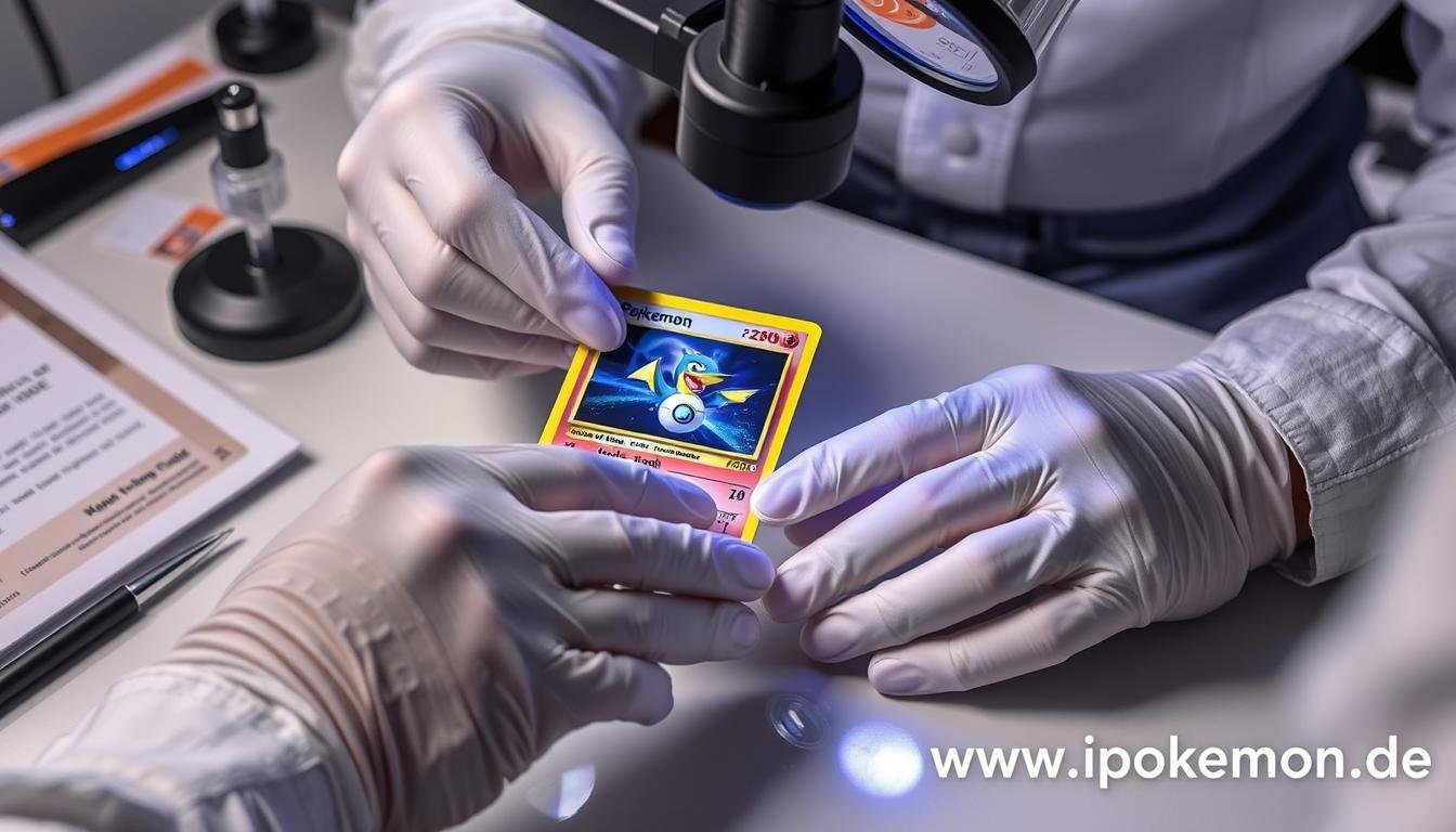 Experte authentifiziert einen Pokémon Karten Fehldruck mit spezieller Ausrüstung