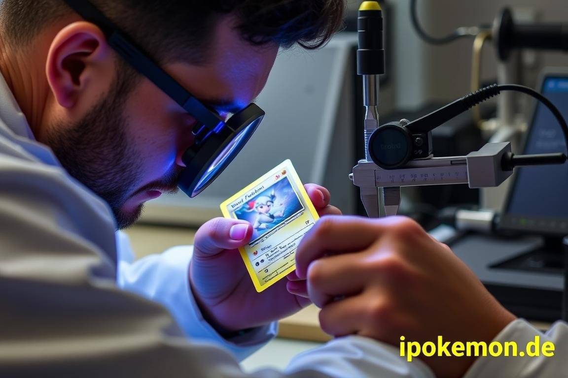 Experte prüft Pokémon Karten mit spezieller Ausrüstung