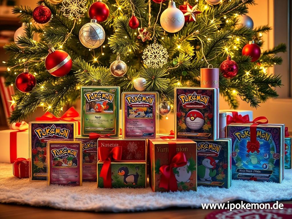 Festliche Pokémon Karten Weihnachtsedition unter dem Tannenbaum