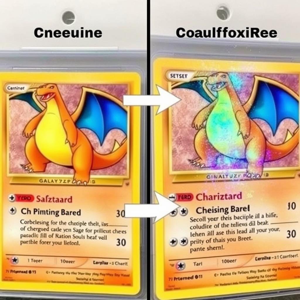 Gefälschte Charizard Pokémon Karte im Vergleich zum Original Gefälschte Charizard Pokémon Karte im Vergleich zum Original