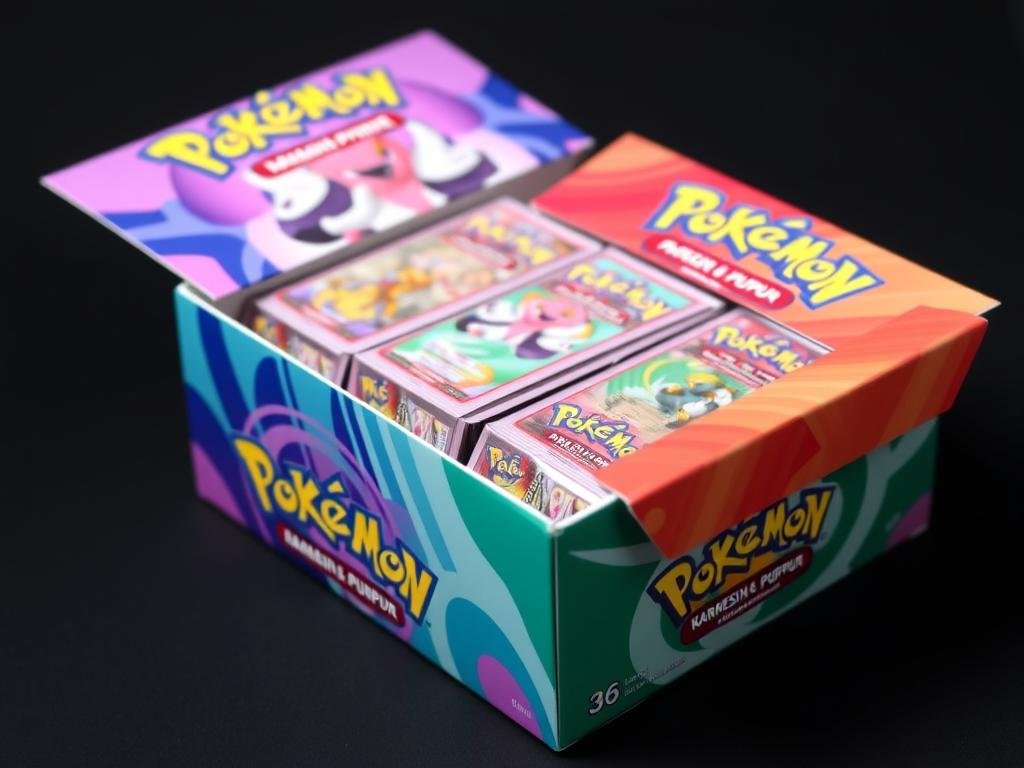 Geöffnete Pokémon Booster Box mit 36 einzelnen Boosterpacks der Edition Karmesin & Purpur