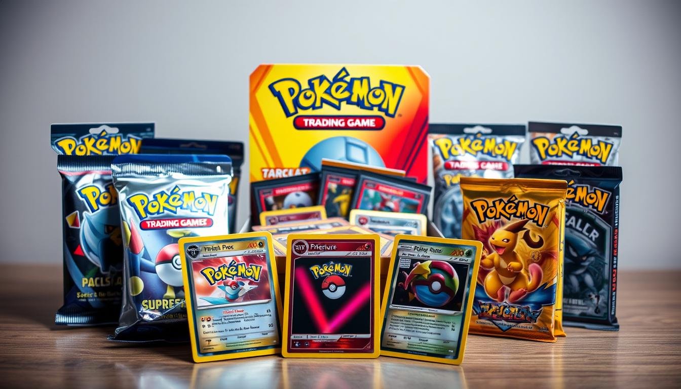 Geöffnetes Pokémon Karten Display mit ausgebreiteten Boostern und einigen seltenen Karten