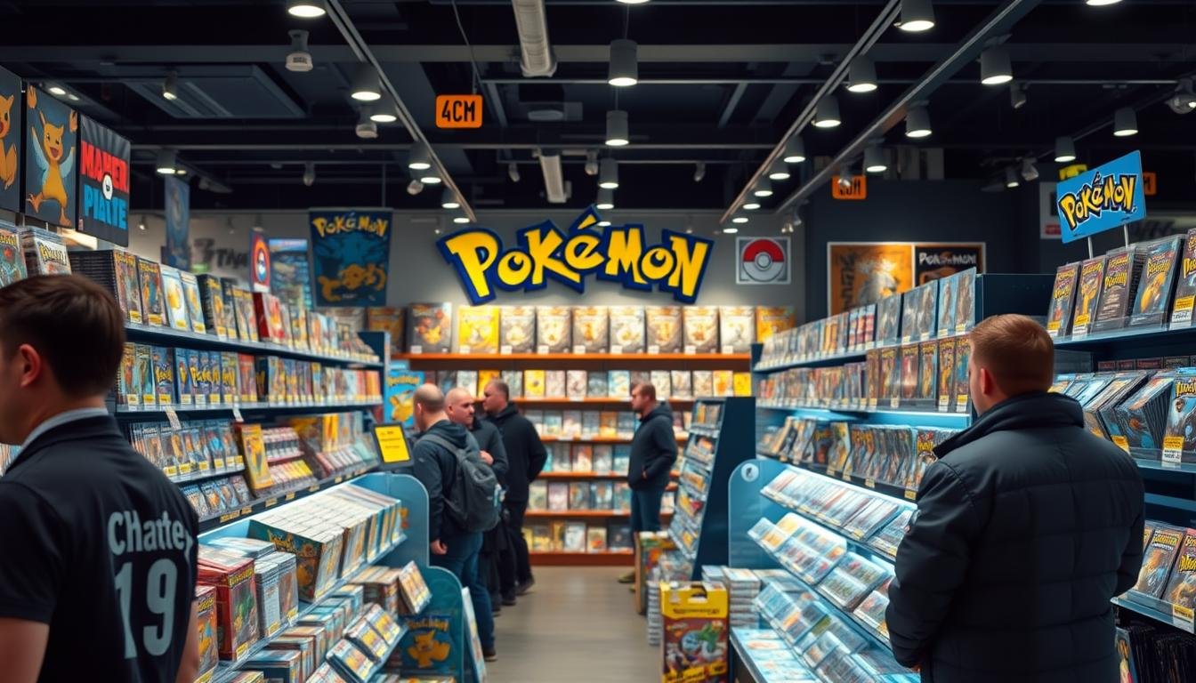 Geschäftliche Perspektive auf den Pokémon Karten Markt mit Verkaufsdisplays in einem deutschen Fachgeschäft
