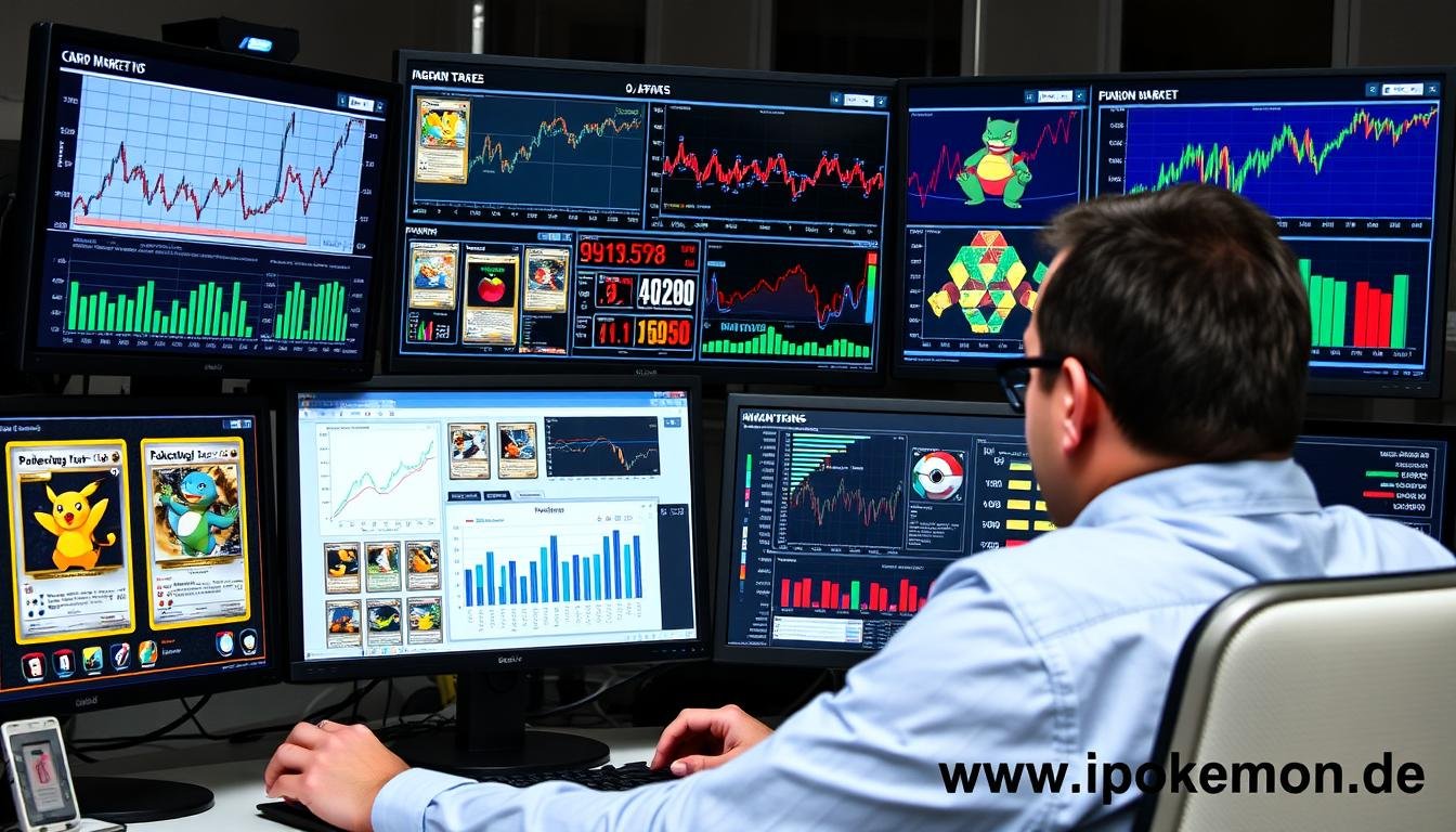 Geschäftsmann analysiert Pokémon Karten Markttrends auf mehreren Bildschirmen