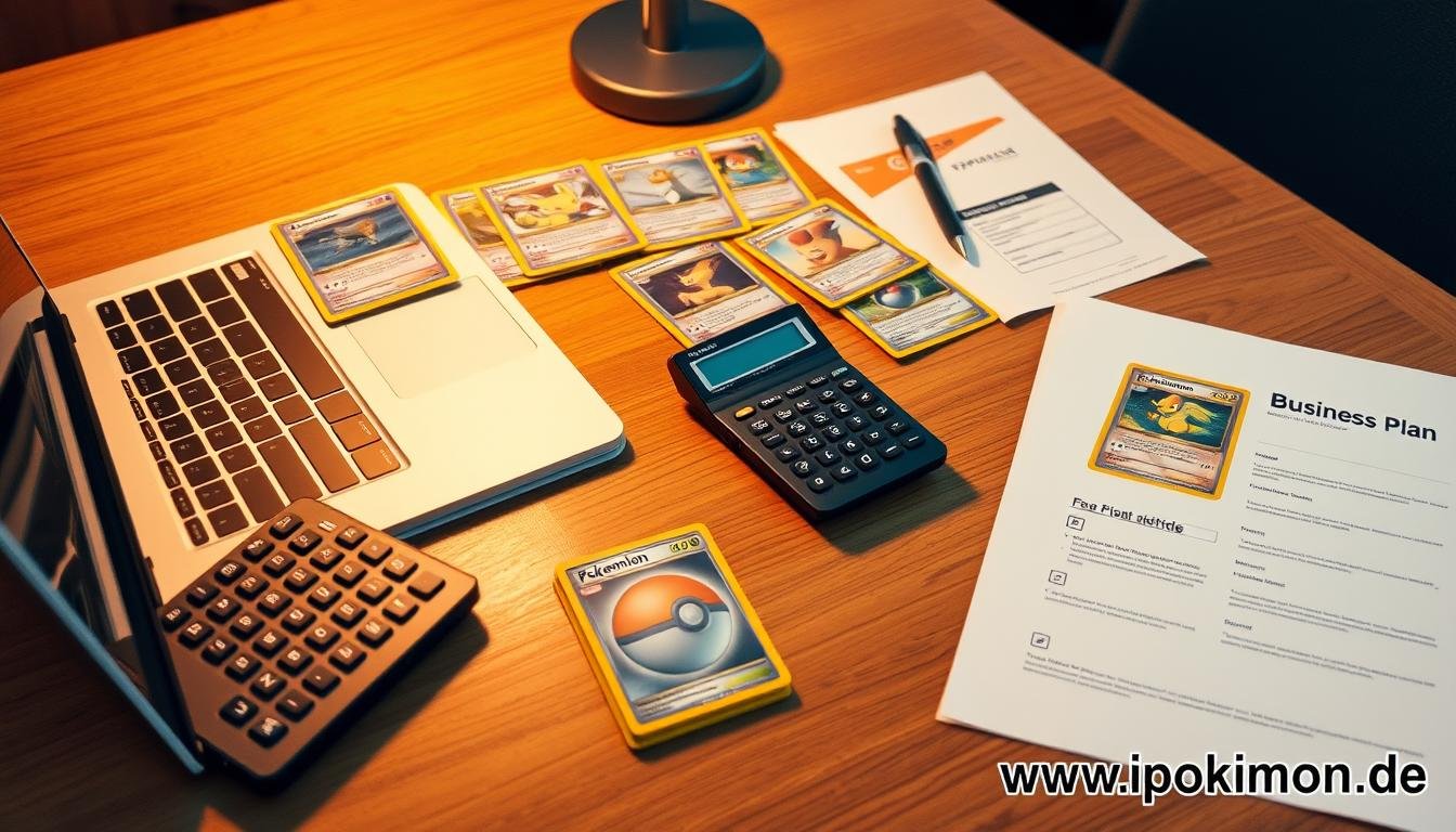 Geschäftsplanung für Pokémon Karten Handel mit Laptop, Taschenrechner und Karten