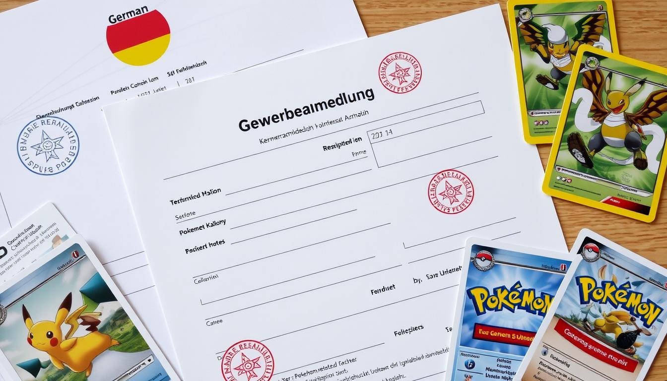 Gewerbeanmeldungsformular mit Pokémon Karten und Stempel