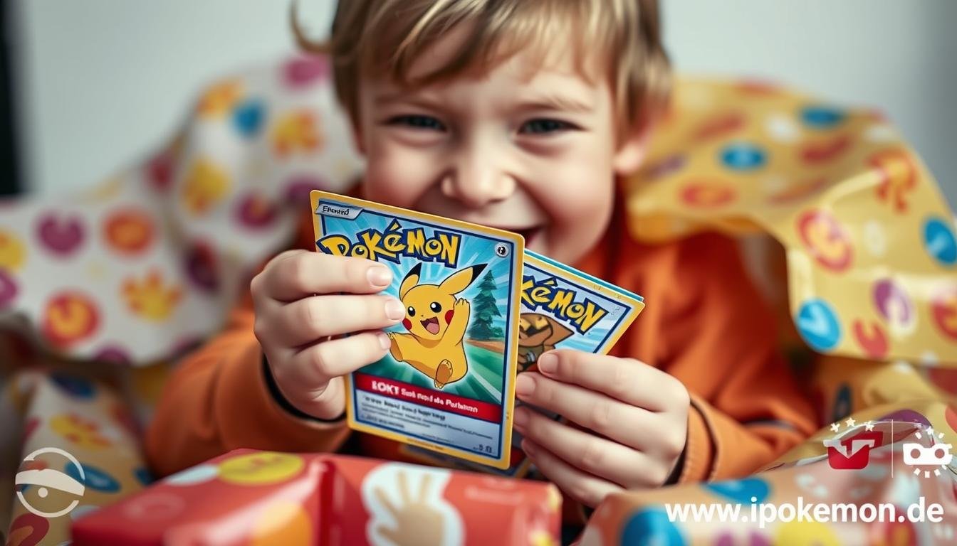 Glückliches Kind öffnet ein Pokémon Karten Geschenk