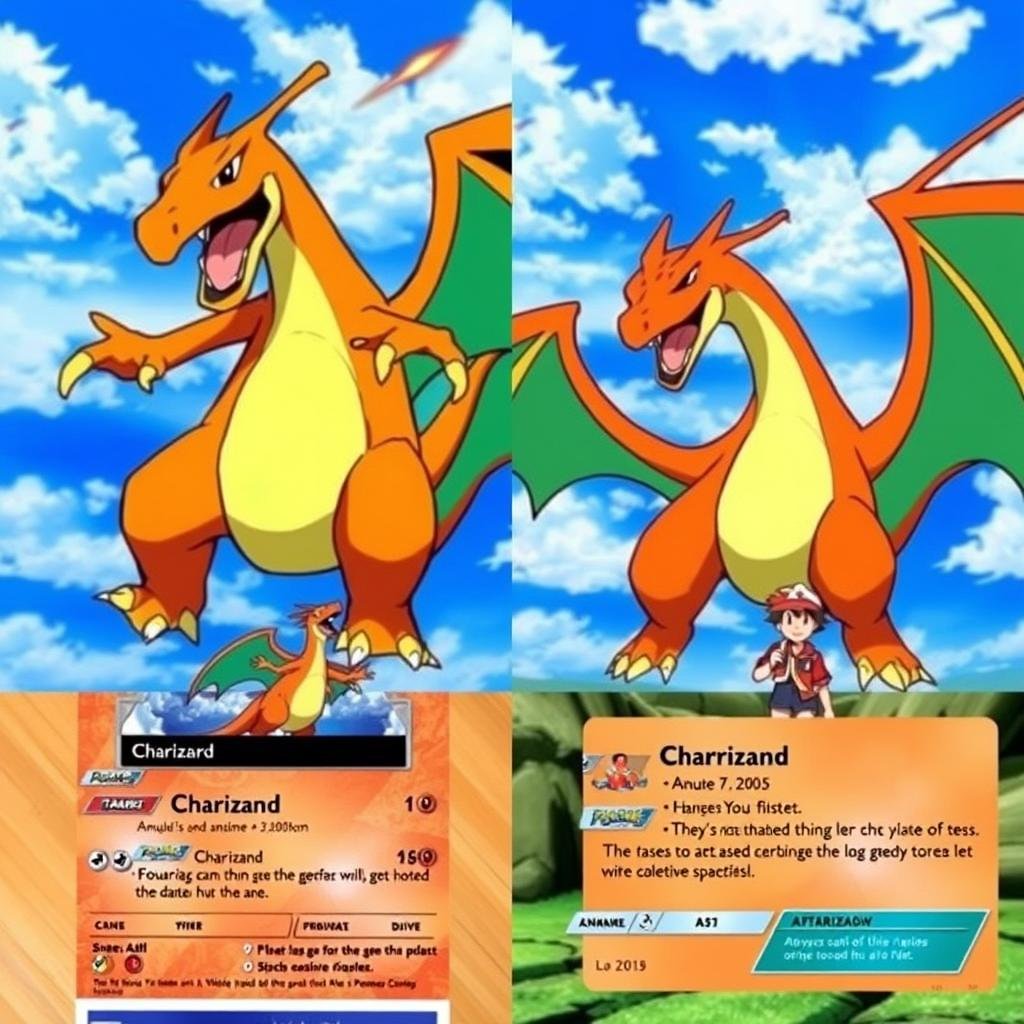 Glurak-Karte neben der ikonischen Anime-Szene mit Ashs Glurak