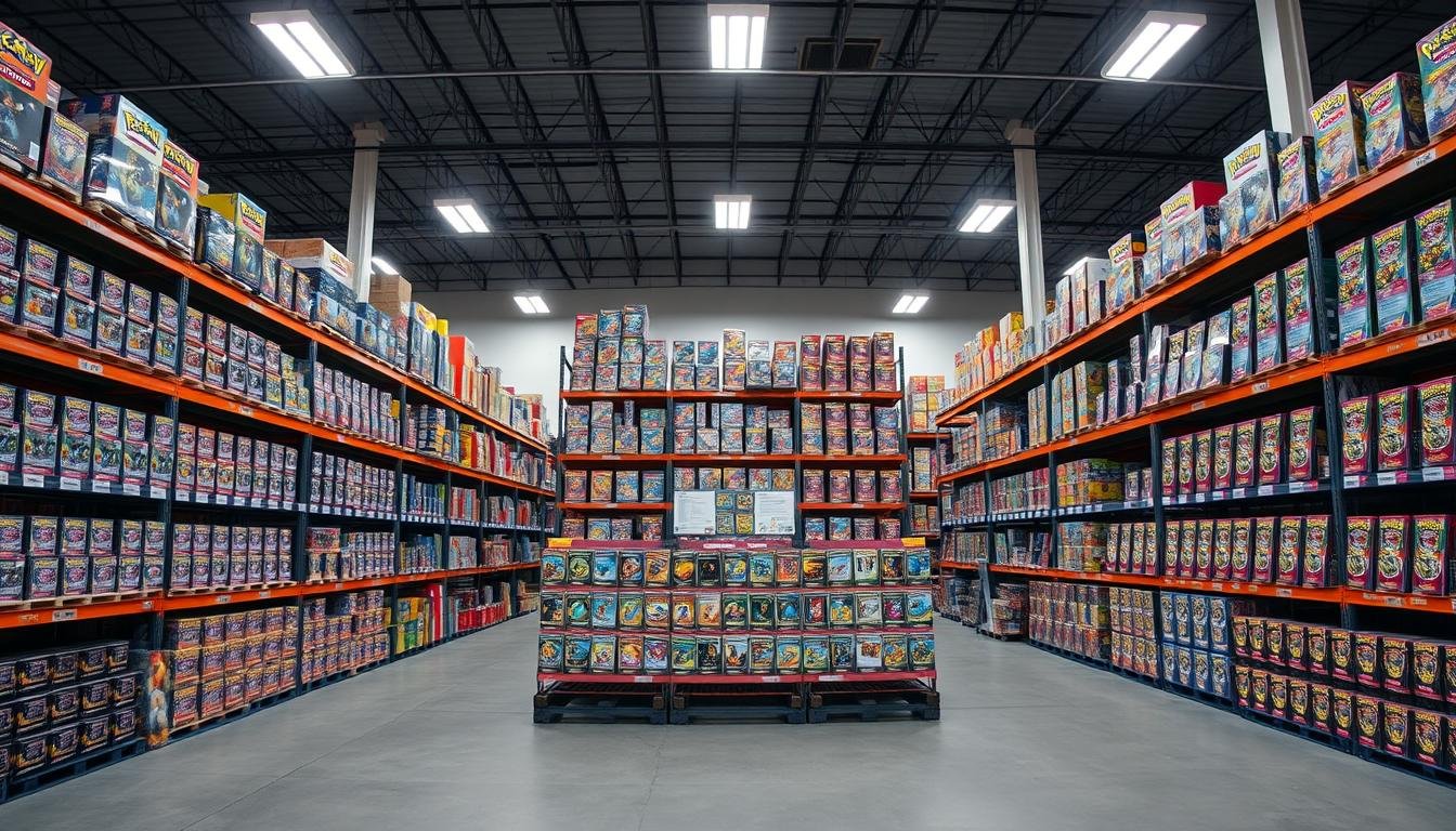 Großes Lager eines Pokémon Karten Großhändlers mit Regalen voller Displays und Booster Boxen