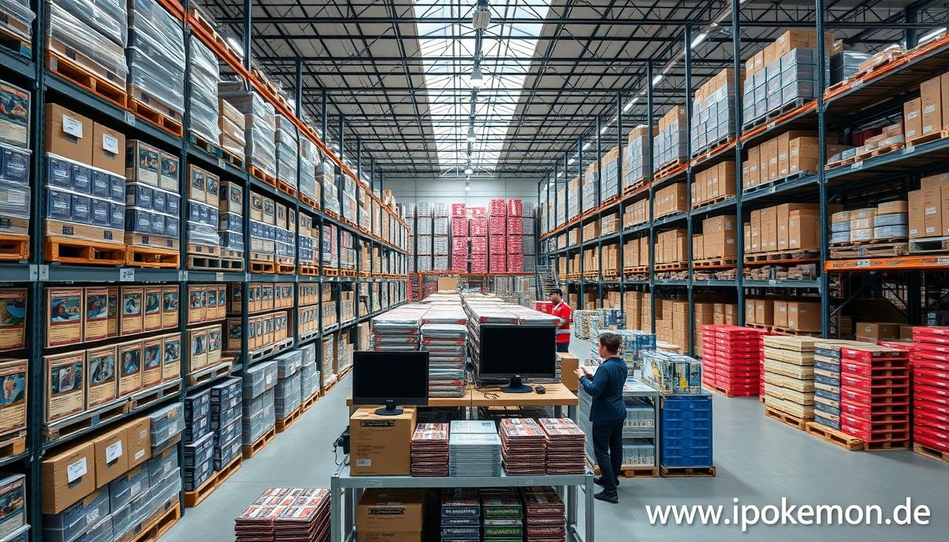 Großes Lager mit sortierten Pokémon Karten und professionellem Verpackungsbereich