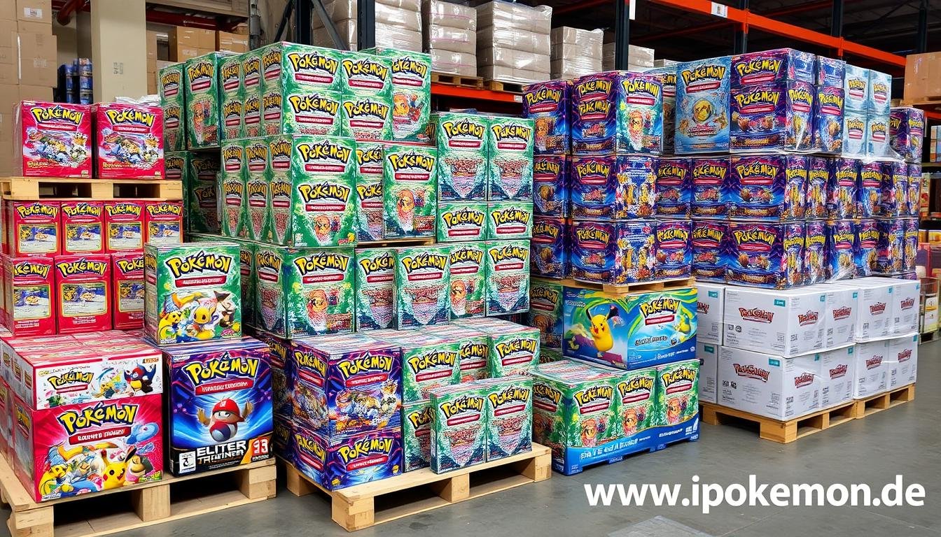 Großhandelspalette mit Pokémon Karten Displays und Boxen
