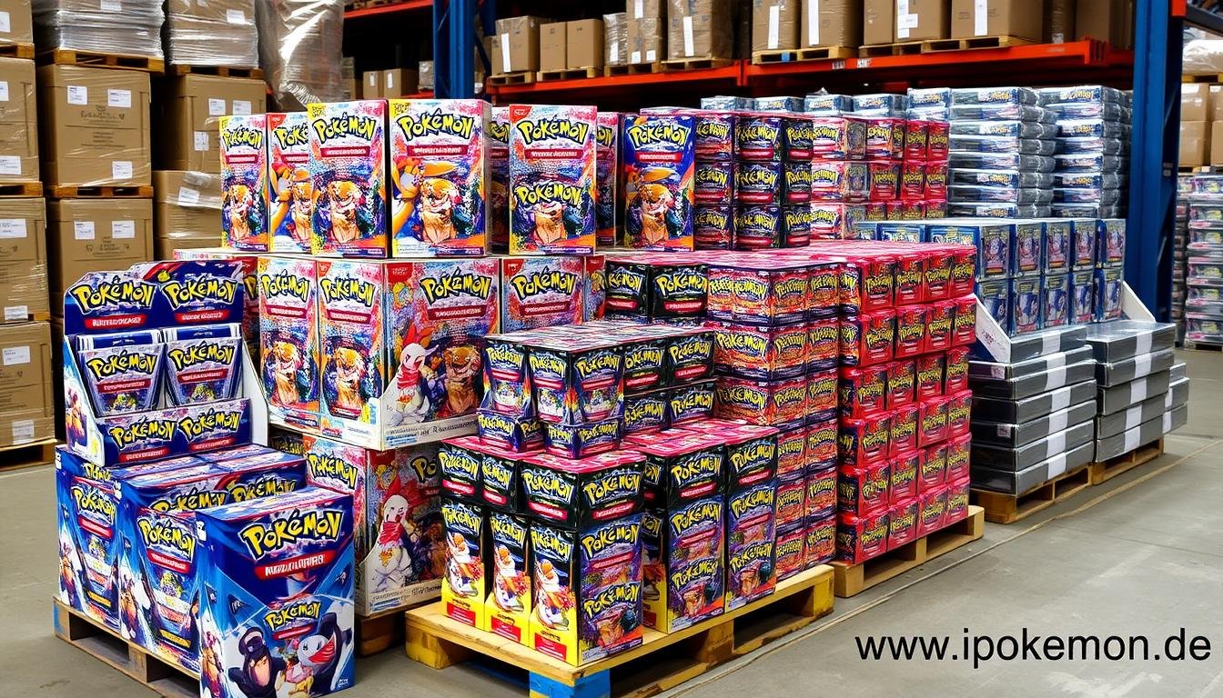 Großhandelspalette mit Pokémon Karten Displays und Boxen