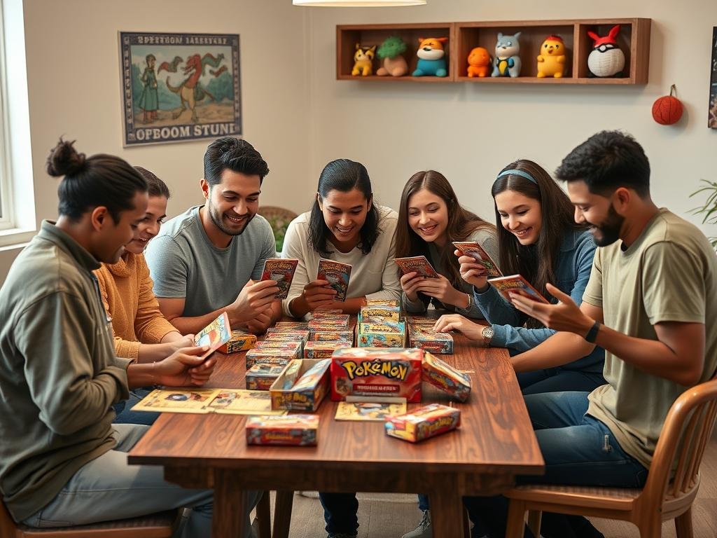 Gruppe von Freunden beim gemeinsamen Pokémon Karten Box Opening