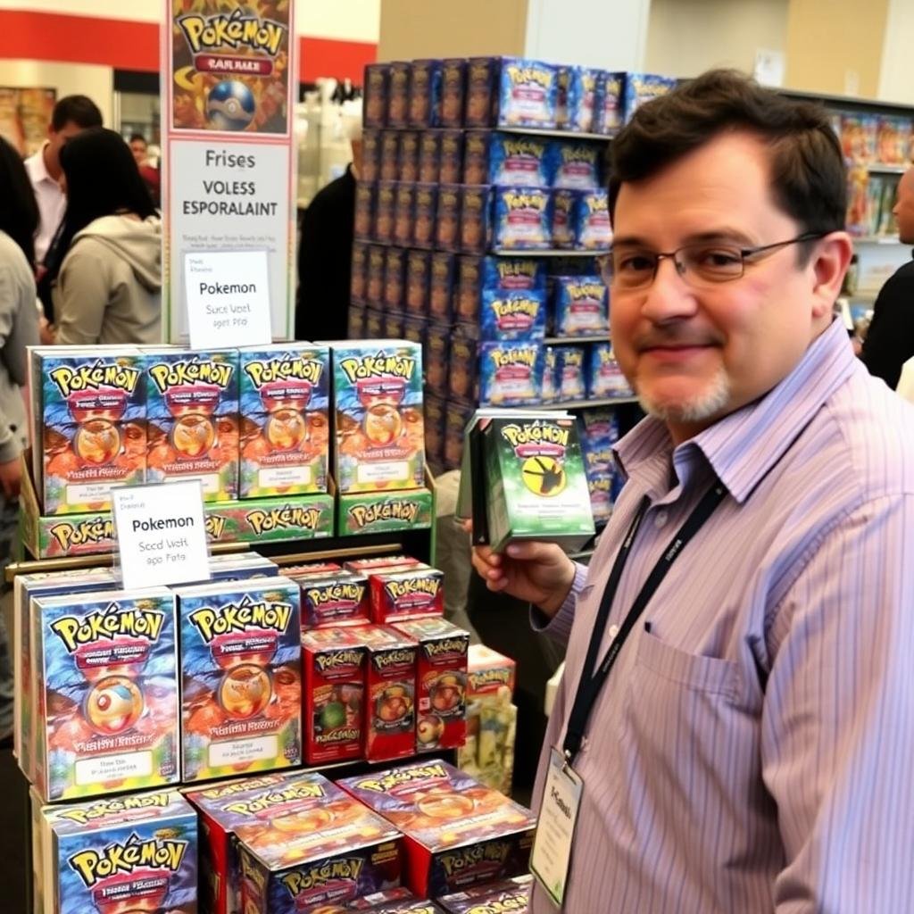 Händler mit Pokémon Booster Boxen auf einem Verkaufsstand