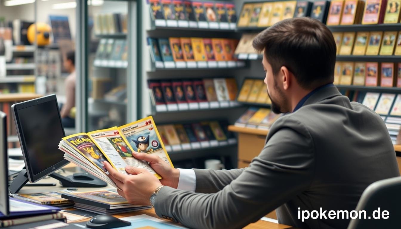 Händler vergleicht Angebote verschiedener Pokémon Karten Großhändler