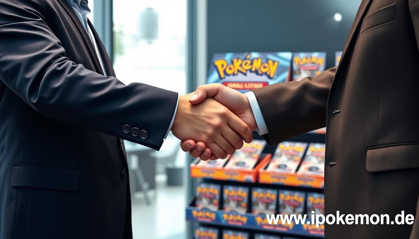 Handschlag zwischen Geschäftspartnern mit Pokémon Karten Displays im Hintergrund