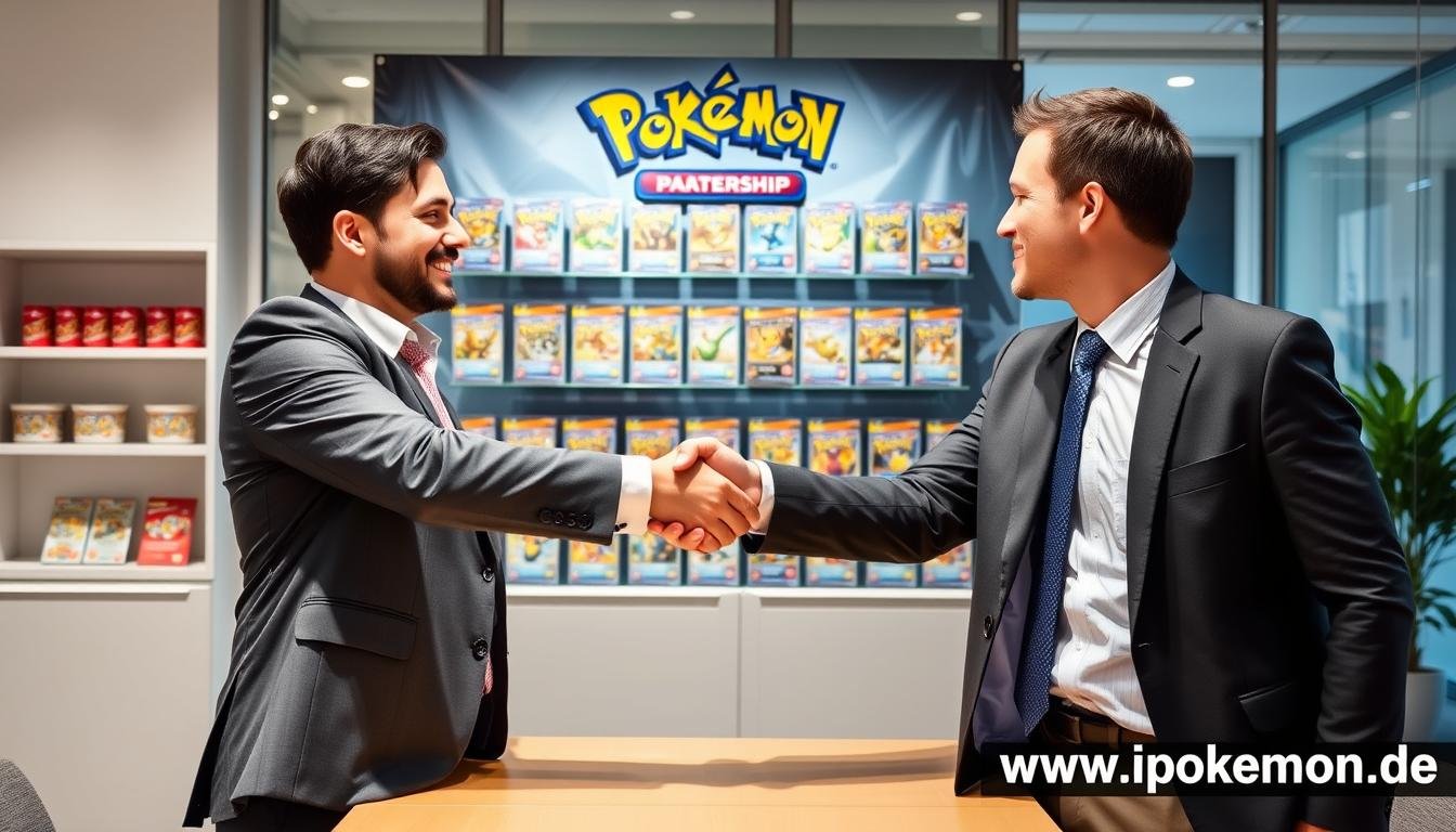 Handschlag zwischen Geschäftspartnern mit Pokémon Produkten im Hintergrund