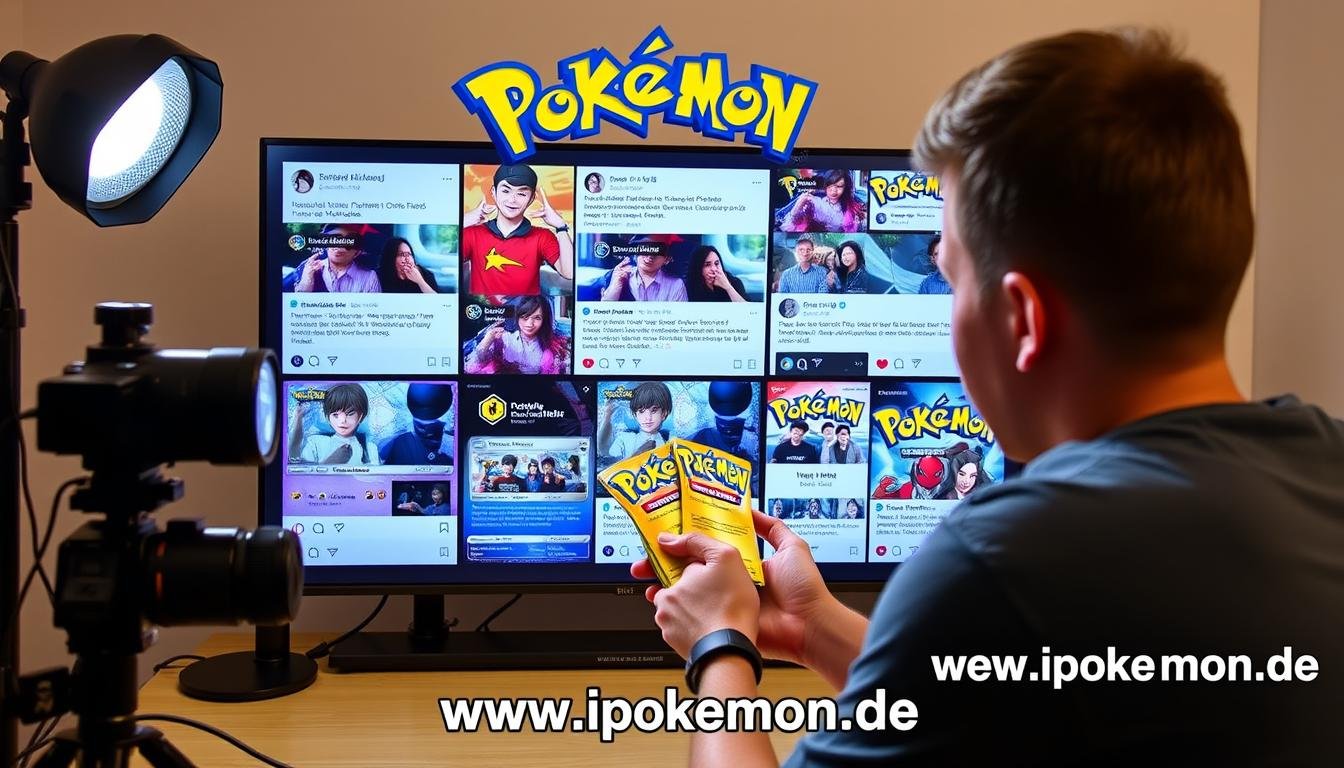 Influencer beim Pokémon Karten Unboxing mit begeistertem Publikum
