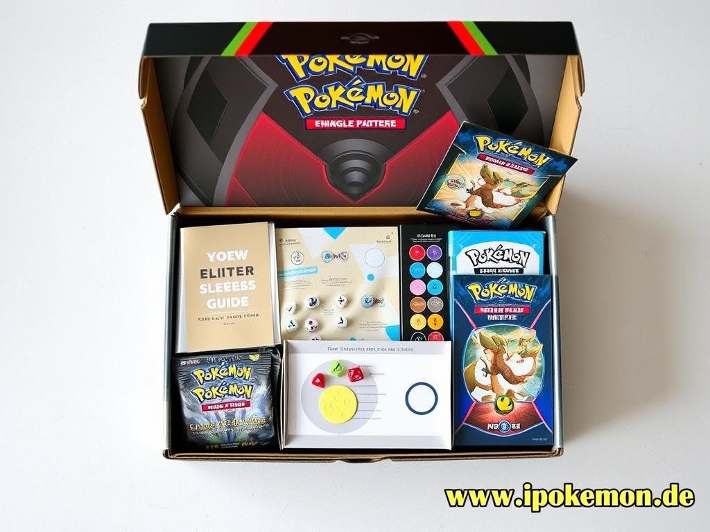 Inhalt einer geöffneten Elite Trainer Box mit Pokémon Karten und Zubehör