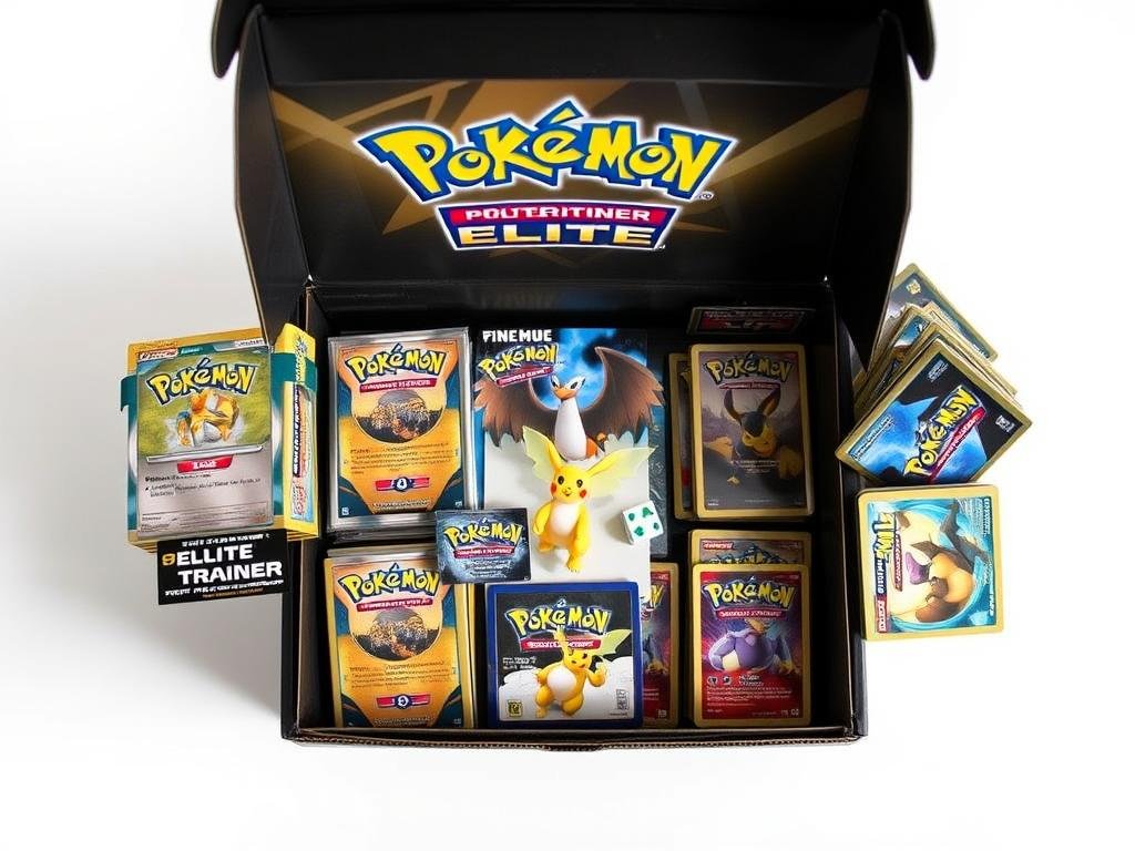 Inhalt einer geöffneten Pokémon Karten Elite Trainer Box mit Boostern und Zubehör