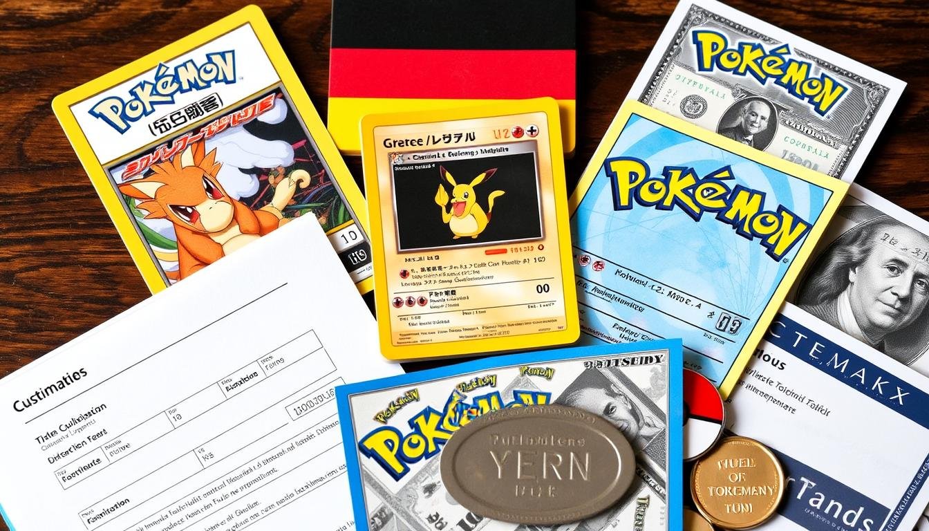 Internationale Pokémon Karten mit Zollunterlagen und verschiedenen Währungen