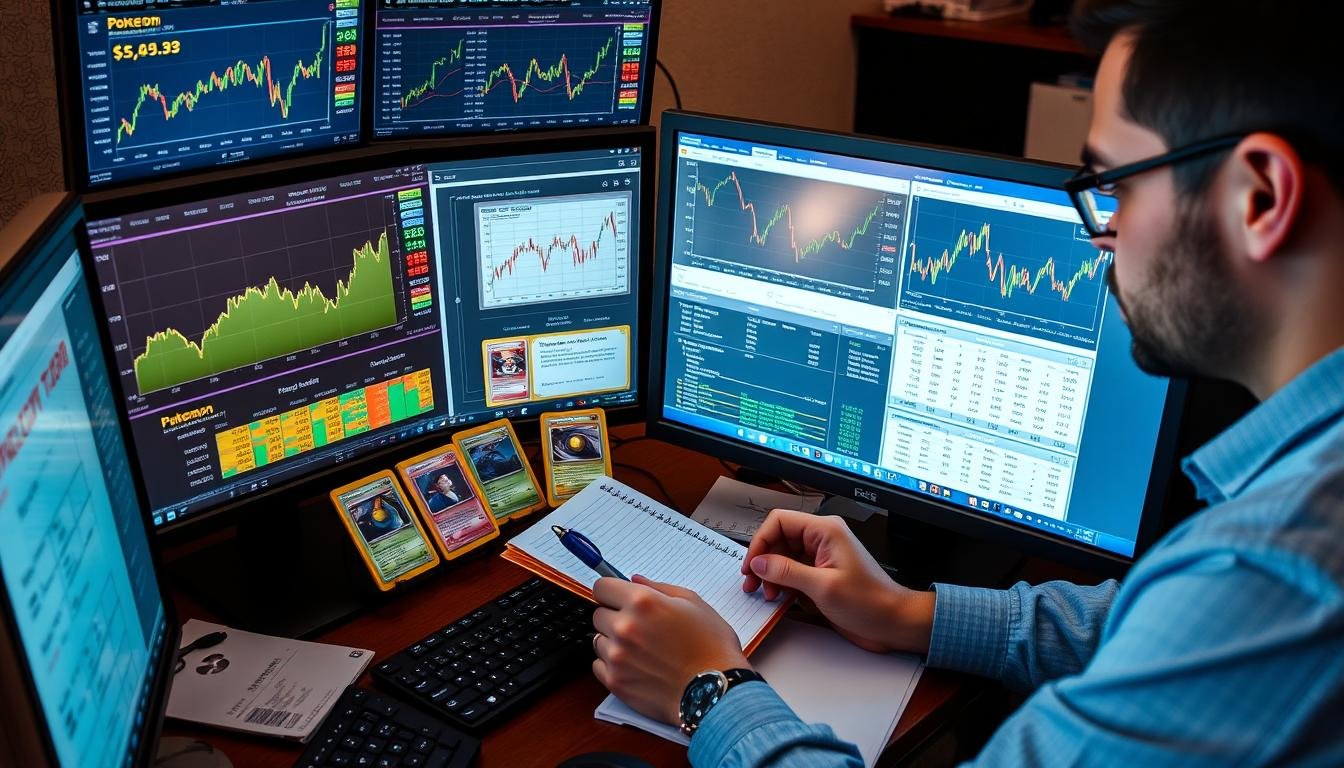 Investor analysiert Pokémon Karten Preischarts auf mehreren Bildschirmen