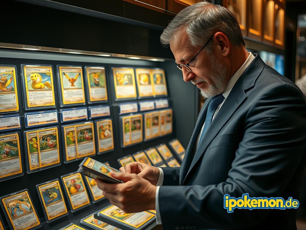 Investor betrachtet wertvolle Pokémon Karten Sammlung